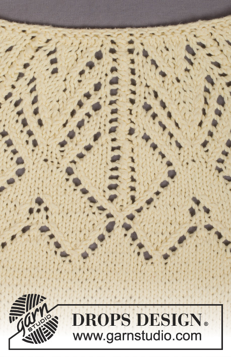 Vanilla Summer / DROPS 159-6 - Robe DROPS à manches courtes, empiècement arrondi ajouré, en ”Paris”. Se tricote de haut en bas (top down). Du S au XXXL.