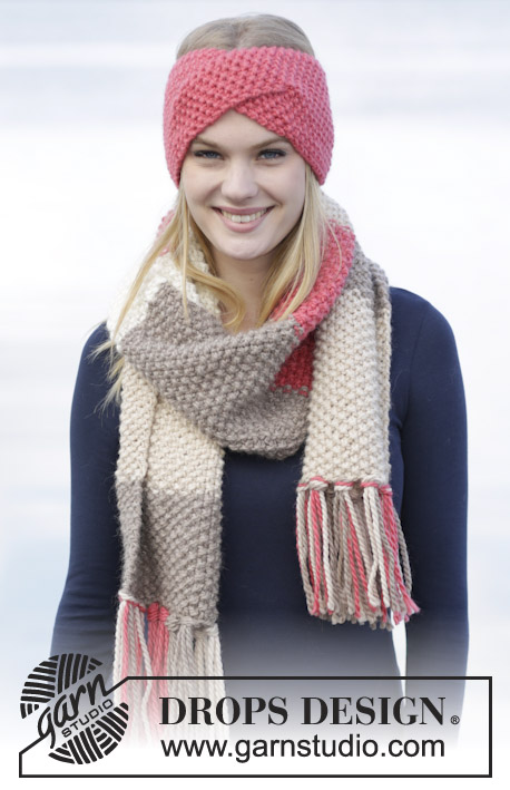 Eyes On Me / DROPS 164-26 - Set consists of: Knitted DROPS head band and scarf in moss st in ”Andes”.