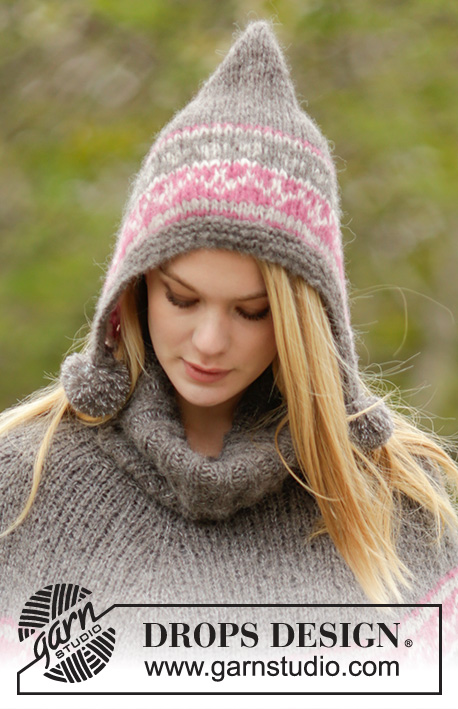 Sweet Winter Hat / DROPS 164-7 - Settet består av: Stickad DROPS mössa i 2 trådar ”Brushed 
Alpaca Silk” eller 1 tråd Melody med nordiskt mönster, garnbollar och rätst kant, och stickad halsvärmare i resår.

