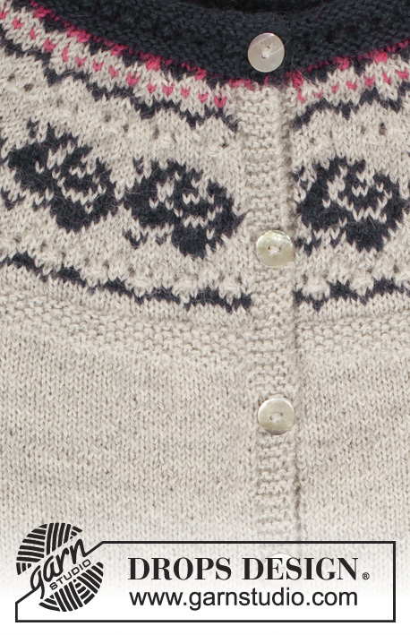 Vintage Rose Cardigan / DROPS 165-10 - Komplet DROPS: rozpinany sweter z zaokrąglonym karczkiem i żakardem w ‘róże’ oraz mitenki z żakardem w ‘róże’, z włóczki „Alpaca”. Od S do XXXL.