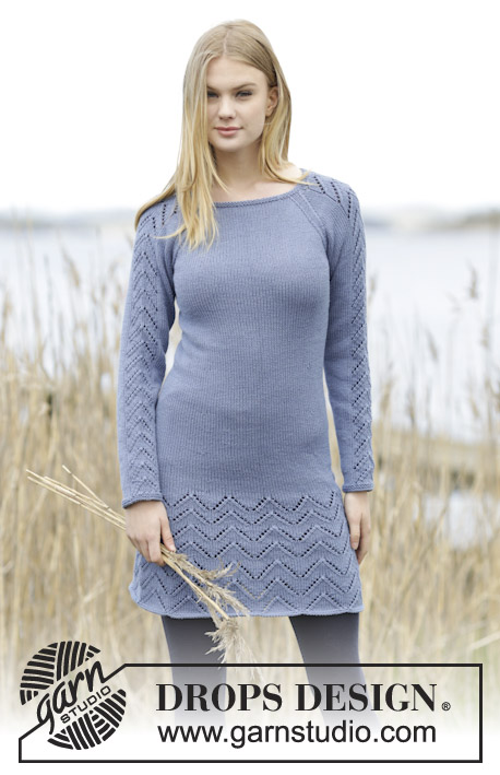 Blue September / DROPS 165-46 - Knitted DROPS dress with raglan and lace pattern in ”Cotton Merino”. Size: S - XXXL.