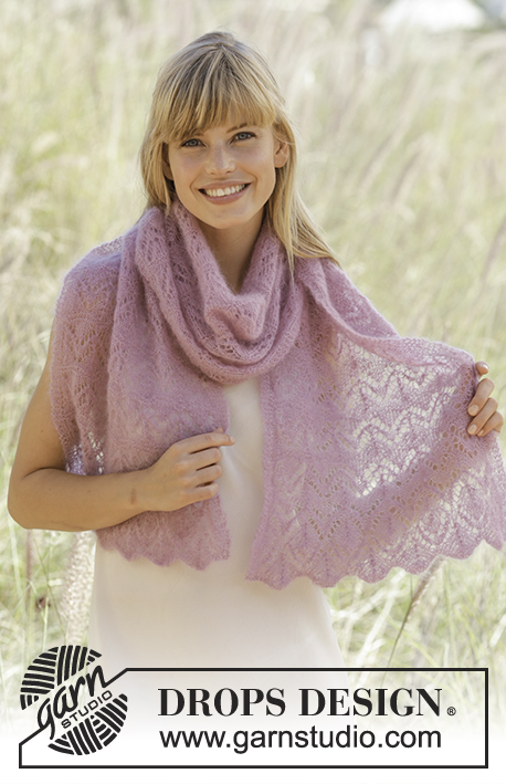 Spring Blush / DROPS 167-28 - Knitted DROPS stole with lace pattern in ”Kid-Silk”.