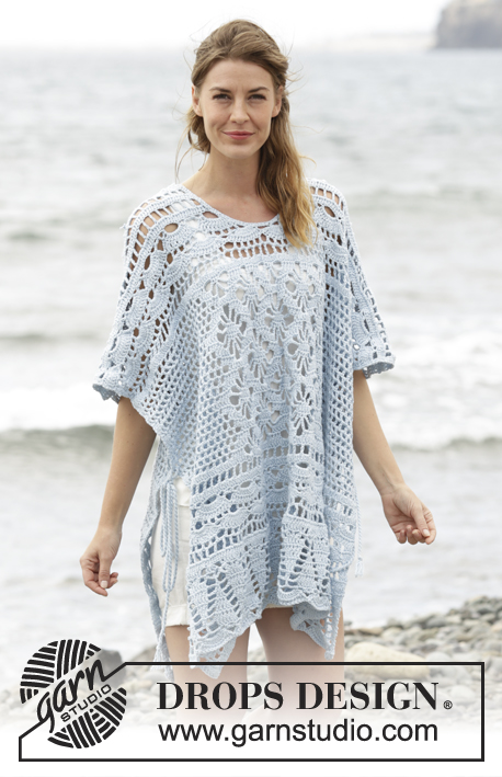 Graceful Mermaid / DROPS 168-29 - Crochet DROPS poncho with lace pattern, worked top down in ”Cotton Merino”. Size: S - XXXL.