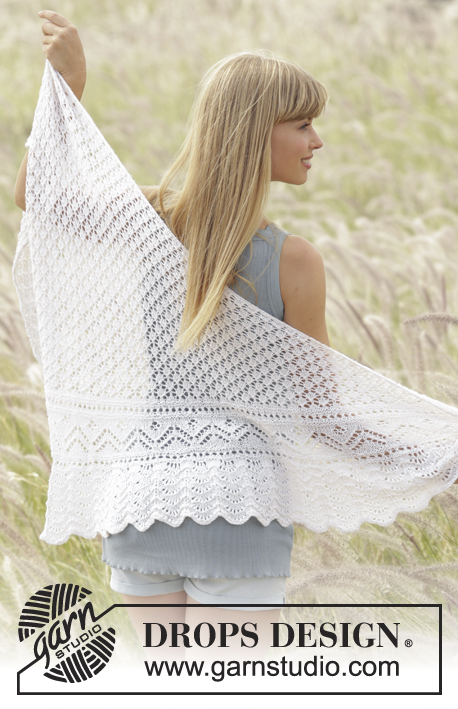 Tender Kiss / DROPS 169-13 - Knitted DROPS shawl with lace pattern worked sideways in ”Alpaca”.