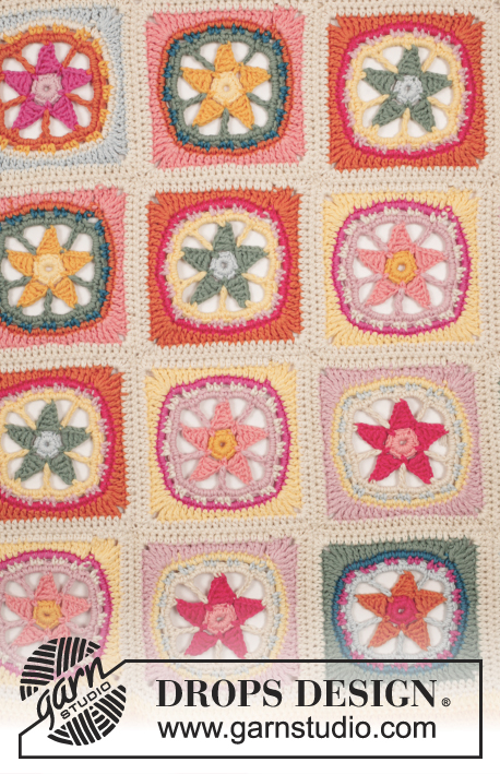 Starstruck / DROPS 169-37 - Crochet DROPS blanket with colourful sea star squares ”Safran”.
