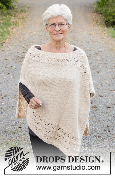 So Classy! / DROPS 170-28 - Knitted DROPS poncho in seed st with lace pattern in ”Air”. Size: S - XXXL.