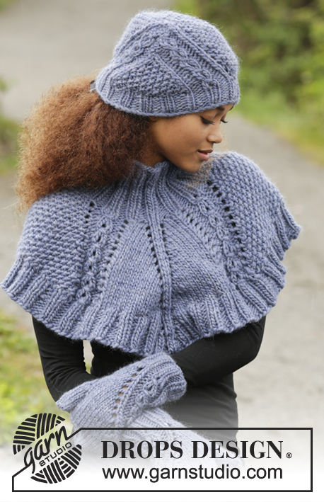 A Royal Embrace / DROPS 171-18 - Set consists of: Knitted DROPS hat, neck warmer and mittens with textured pattern in “Snow”.