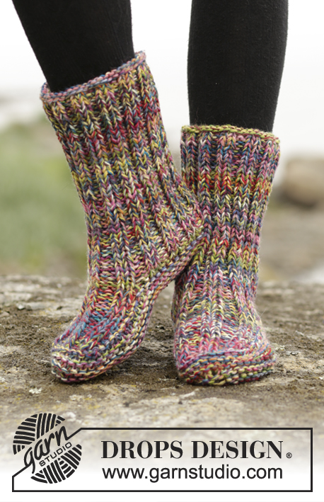 Ribbed Confetti / DROPS 172-17 - Knitted DROPS slippers in garter st with rib in 4 strands ”Fabel”. Size 35-42