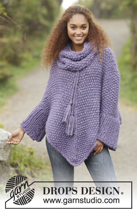 Lavender Grove / DROPS 172-25 - Knitted DROPS poncho in moss st, detachable collar, worked top down in 2 strands Cloud or 4 strands Air. Size S-XXXL.