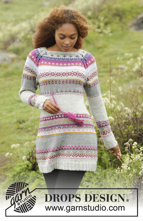 Highland Heather / DROPS 172-5 - Knitted DROPS dress with multi-coloured pattern, raglan and twined string with tassels in waist, worked top down in ”Karisma”. Size: S - XXXL.