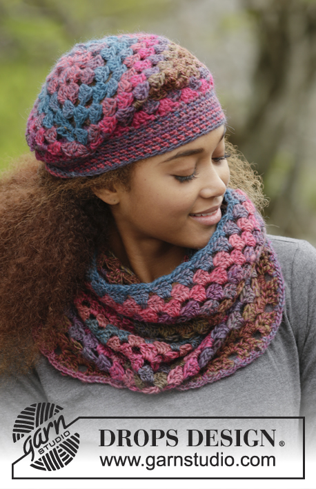 In Treble / DROPS 172-7 - Set consists of: Crochet DROPS hat and neck warmer with double groups in 1 thread Big Delight or 2 threads Fabel.