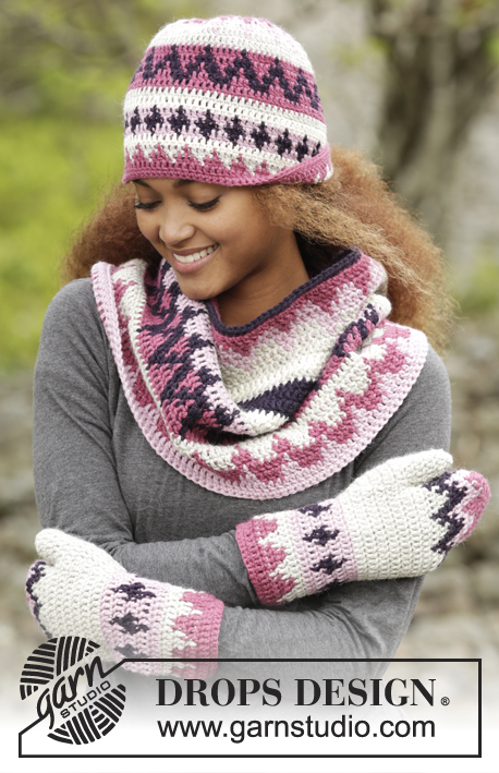 Pink Maze / DROPS 172-9 - Bonnet, tour de cou et moufles DROPS au crochet, avec jacquard multicolore, en “Nepal”