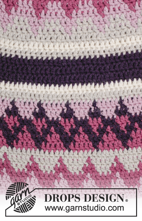 Pink Maze / DROPS 172-9 - Virkad DROPS mössa, halsvärmare och vantar i ”Nepal” med flerfärgat mönster.