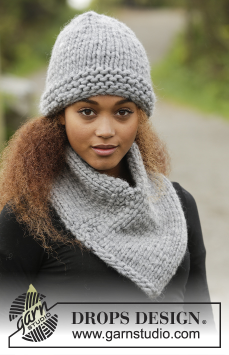 Grey Wind / DROPS 173-25 - Knitted DROPS hat and neck warmer in garter st and stocking st in ”Polaris”.