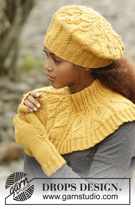 Hello Sunshine / DROPS 173-43 - Set consists of: Knitted DROPS beret and neck warmer with leaf pattern worked top down in ”Lima” and DROPS wrist warmers with leaf pattern in “Lima”.