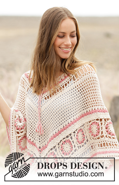 A Wistful Dream / DROPS 176-16 - Poncho with lace pattern and crochet squares, worked top down in DROPS Belle. Sizes S - XXXL.