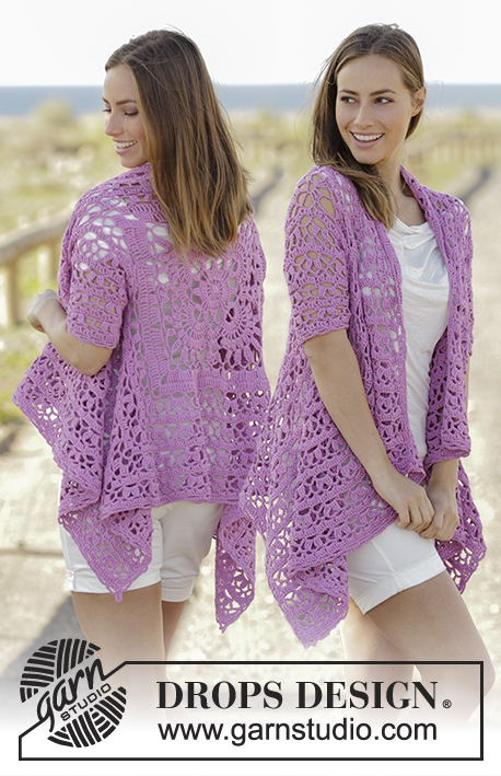 Lilac Dream / DROPS 177-28 - Gehaakt vest wordt in een vierkant gehaakt met kantpatroon en korte mouwen van DROPS Cotton Light. Maat: S - XXXL