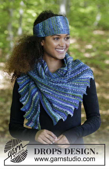 Winter Tide / DROPS 181-23 - The set consists of: Knitted shawl, worked diagonally in garter stitch with tips in the one side, head band with garter stitch and rib.
The set is worked in DROPS Fabel.