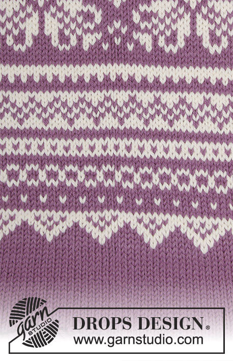 Lofoten / DROPS 181-9 - Bluse med rundt bærestykke, norsk mønster i flere farver og A-facon, strikket oppefra og ned. Størrelse S - XXXL.
Arbejdet er strikket i DROPS Lima.