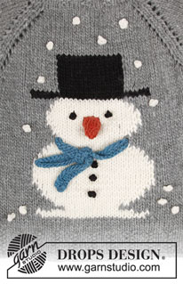 Frosty's Christmas / DROPS 183-13 - Vánoční svetr / raglánový pulovr se sněhulákem pletený shora dolů z příze DROPS Snow nebo DROPS Wish. Velikost S - XXXL.