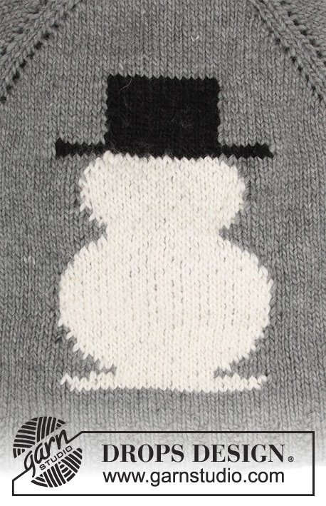 Frosty's Christmas / DROPS 183-13 - DROPS Snow või Wish lõngast ülevalt alla kootud raglaan varrukatega ja lumememmega džemper suurustele S kuni XXXL