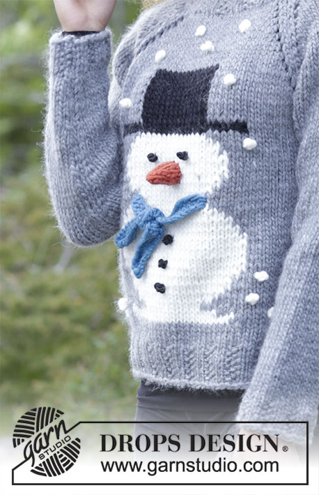 Frosty's Christmas / DROPS 183-13 - Vánoční svetr / raglánový pulovr se sněhulákem pletený shora dolů z příze DROPS Snow nebo DROPS Wish. Velikost S - XXXL.
