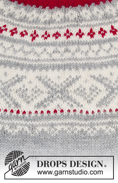 Narvik / DROPS 183-2 - Completo formato da: maglione con sprone rotondo, motivo multicolore nordico e forma ad A, lavorato dall’alto verso il basso (top down). Taglie: Dalla S alla XXXL. Cappello con motivo multicolore nordico  e pom pom. Il completo è lavorato in DROPS Karisma.