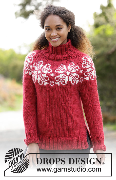 Julerose / DROPS 183-6 - Knitted jumper with round yoke, high neck and multi-coloured Nordic pattern, worked top down. Sizes S-XXXL. The piece is worked in DROPS Snow.
