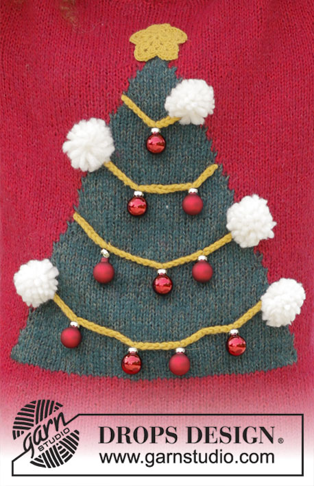 How To Be A Christmas Tree / DROPS 183-8 - DROPS Alpaca ja DROPS Brushed Alpaca Silk lõngadest kootud DROPS Snow lõngast tuttidega jõulukuusega kampsun suurustele S kuni XXXL