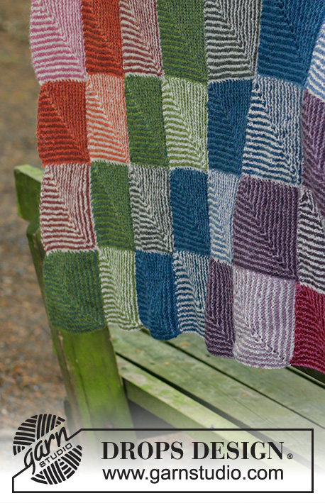 Autumn Nights / DROPS 184-13 - Knitted blanket with domino squares in stripes and garter stitch. Piece is knitted in DROPS Alpaca.