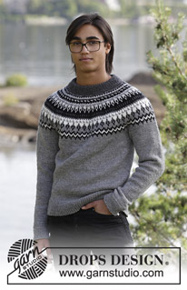 Dalvik / DROPS 185-1 - Komplet składa się z: męskiego swetra na drutach, z reglanem, zaokrąglonym karczkiem i żakardem norweskim; oraz czapki na drutach z żakardem norweskim. Od S do XXXL.
Z włóczki DROPS Karisma.
