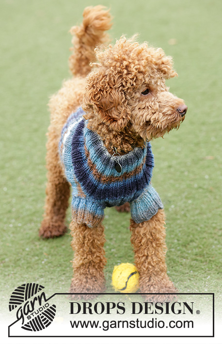 Paws & Stripes / DROPS 185-35 - Sweterek dla psa na drutach, ze ściągaczami. Od XS do M. 
Z włóczki DROPS Big Delight.