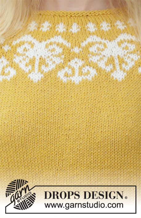 Golden Heart / DROPS 187-12 - Pulôver tricotado de cima para baixo, com encaixe arredondado, jacquard norueguês e mangas ¾, em DROPS Merino Extra Fine. Tamanhos Do S ao XXXL.