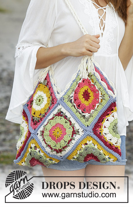 Carry Me Home / DROPS 187-35 - Crocheted bag with squares in various colours. The piece is worked in DROPS Paris.
