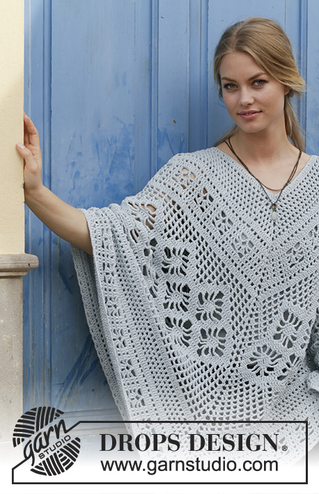 Cressida / DROPS 188-27 - Crocheted poncho with lace pattern, worked top down. Size: S - XXXL Piece is crocheted in DROPS Paris.