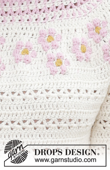 Petite Fleur Cardigan / DROPS 188-7 - Sweter rozpinany na szydełku, przerabiany z góry na dół z żakardem, kwiatami, zaokrąglonym karczkiem i rękawami 3/4, z włóczki DROPS Cotton Merino. Od S do XXXL