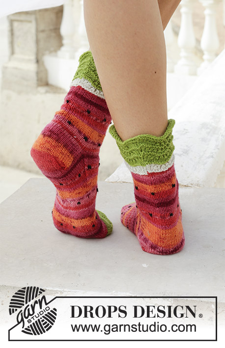 Fruity Feet / DROPS 189-26 - Strikkede sokker med vannmelonmønster. Størrelse 35-43. Arbeidet er strikket i DROPS Fabel