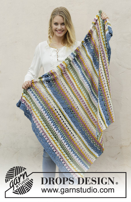 Mountain River / DROPS 189-5 - Crochet blanket with stripes and lace pattern. Piece is crocheted in DROPS Paris.
