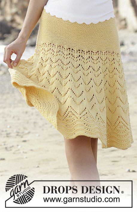Sunny Days / DROPS 190-30 - Sukně s krajkovým, vlnkovým a vroubkovým vzorem pletená shora dolů z příze DROPS Cotton Merino. Velikost: S – XXXL.