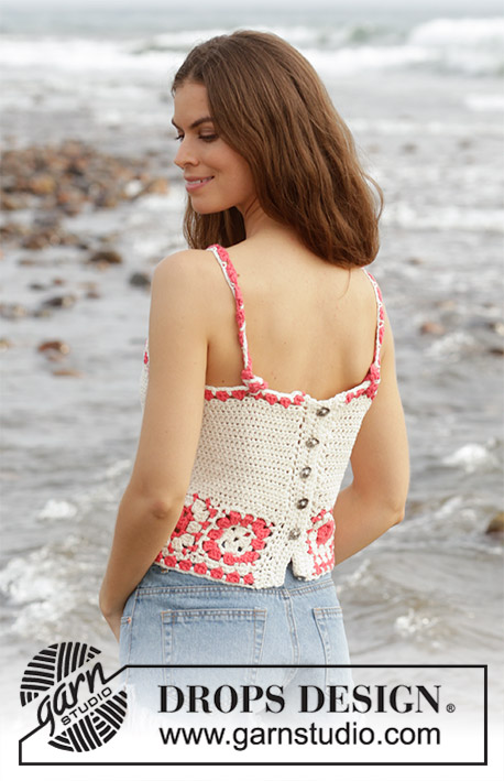 Bohème Beach / DROPS 190-5 - Crocheted top with granny squares and crocheted edges. Sizes S - XXXL. The piece is worked in DROPS Paris.