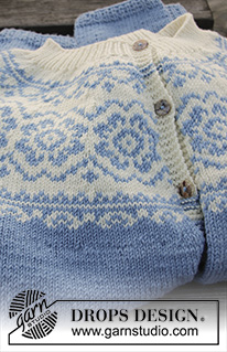 Periwinkle Jacket / DROPS 191-29 - Casaco tricotado com encaixe arredondado, jacquard norueguês e forma trapézio, em DROPS Merino Extra Fine. Do S ao XXXL