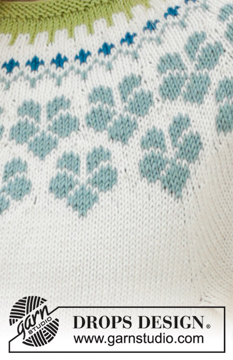 Myosotis / DROPS 191-9 - Bluse med rundt bærestykke, flerfarvet norsk mønster og ¾ ærme med flæse, strikket oppefra og ned. Størrelse S - XXXL. Arbejdet er strikket i DROPS Cotton Merino