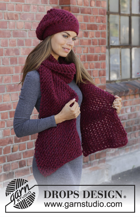Warm Bordeaux / DROPS 192-33 - Knitted hat in 2 strands DROPS Air. The piece is worked with lace pattern and garter stitch. 
Knitted scarf in 2 strands DROPS Air. The piece is worked with lace pattern.