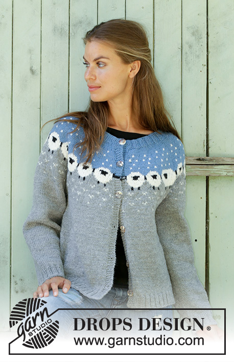 Sheep Happens! Cardigan / DROPS 194-1 - Knitted jacket with round yoke in DROPS Lima. Piece is knitted top down in Norwegian pattern with sheep. Size: S - XXXL