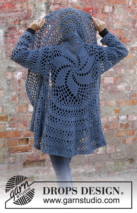 Blue Helix / DROPS 194-36 - Circle crocheted jacket in 1 strand DROPS Nord + 1 strand DROPS Kid-Silk. Piece is worked with lace pattern. Size: S - XXXL