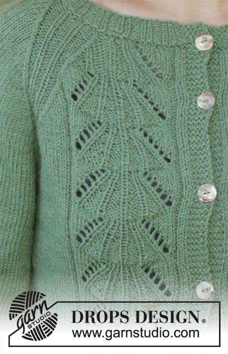 Green Luck / DROPS 196-11 - Strikket innsvingt jakke i DROPS Flora. Arbeidet er strikket med hullmønster og raglan. Størrelse S - XXXL.
Strikket lue i DROPS Flora. Arbeidet er strikket med hullmønster og oppbrett i vrangbord. 
