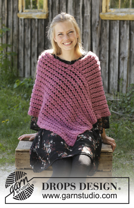 Malina / DROPS 196-17 - Crocheted poncho in DROPS Brushed Alpaca Silk. The piece is worked with puff stitches. Sizes S - XXXL.