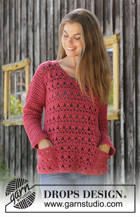 Last Harvest / DROPS 196-24 - Crocheted jumper in DROPS Merino Extra Fine. The piece is worked with lace pattern, fans and pockets. Sizes S - XXXL