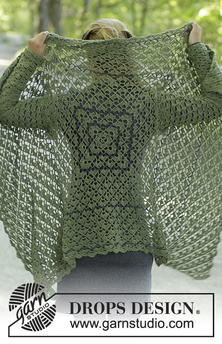 Green Envy / DROPS 196-28 - Crocheted jacket in DROPS BabyMerino. The piece is worked in a square with fans, lace pattern and stripes. Sizes S - XXXL.