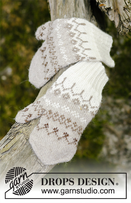 Talvik Mittens / DROPS 197-12 - Rękawice na drutach z żakardem norweskim, z włóczki DROPS Alpaca. Rozmiar S/M.